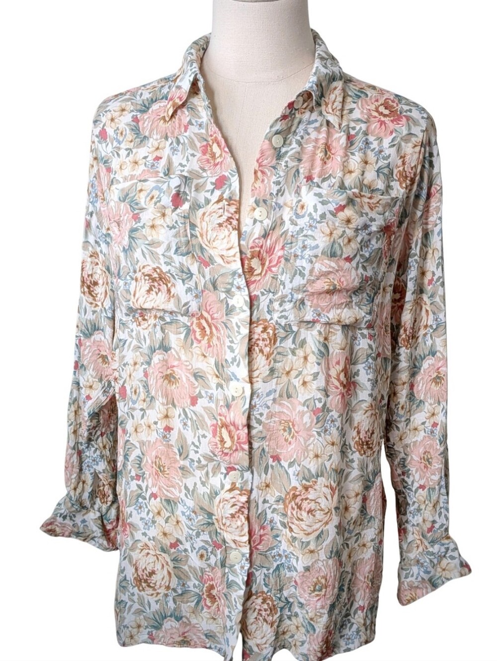 Vintage 80s Liz Claiborne Floral Rayon Button-Down Blouse W Tie-Back Detail - L